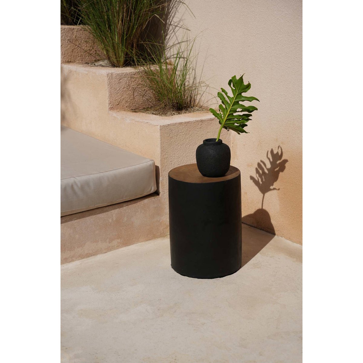 Suar Wood Stool - Natural Black Accent Stool for Living Room
