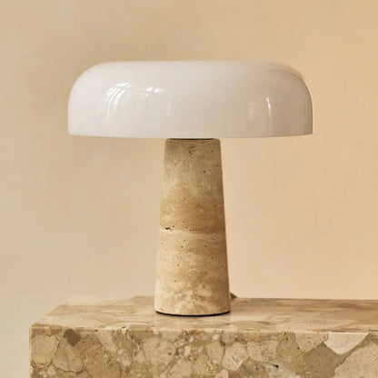 Travertine Table Lamp with Glass Shade - Elegant Natural Stone Design