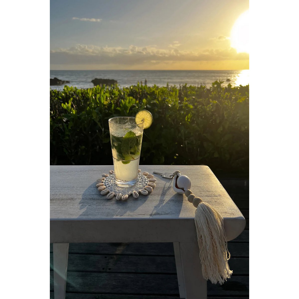 Seagrass Coaster with Shells – Coastal Drink Coaster, White