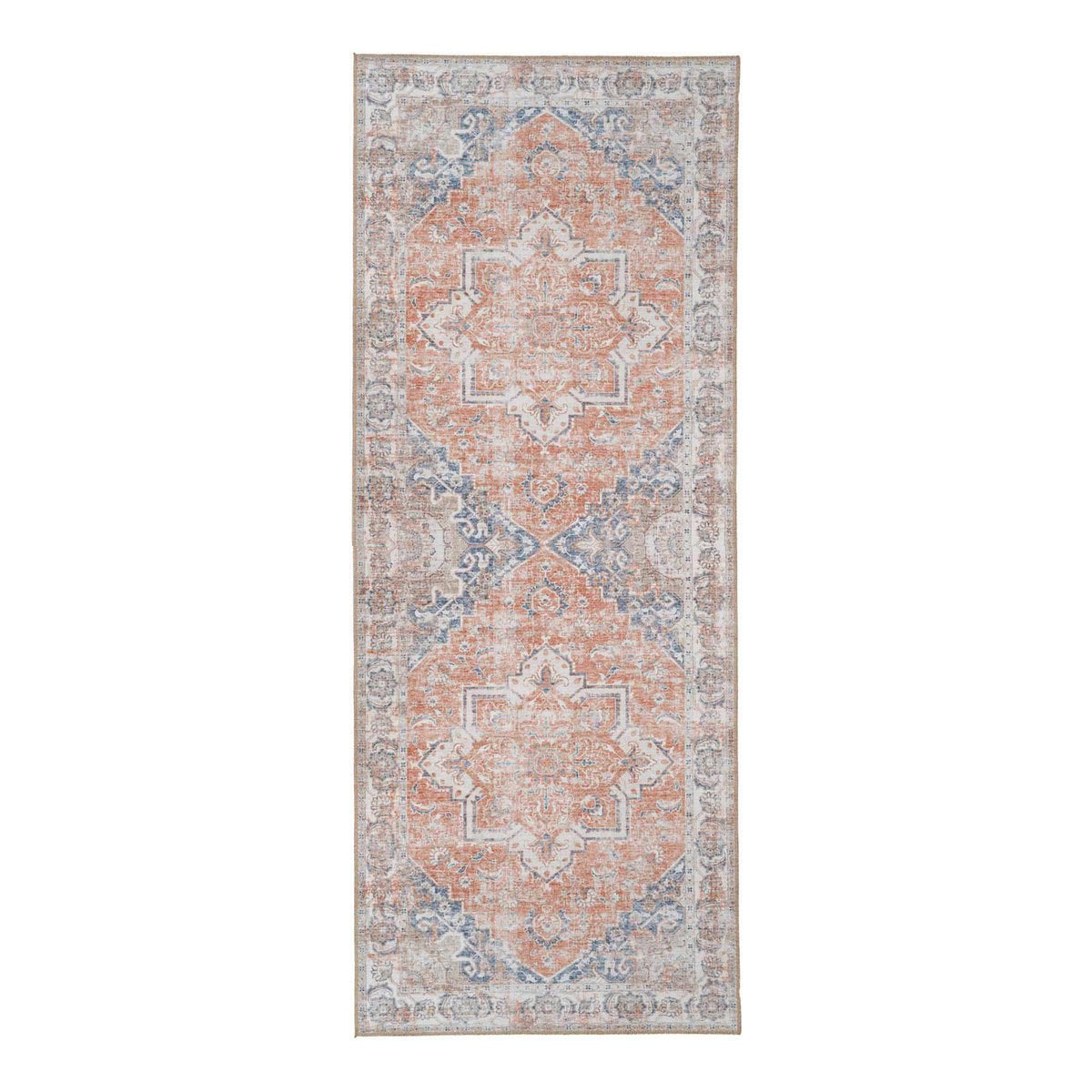 Chenille Hallway Runner - Blue & Orange Ornate Design, 80x200 cm