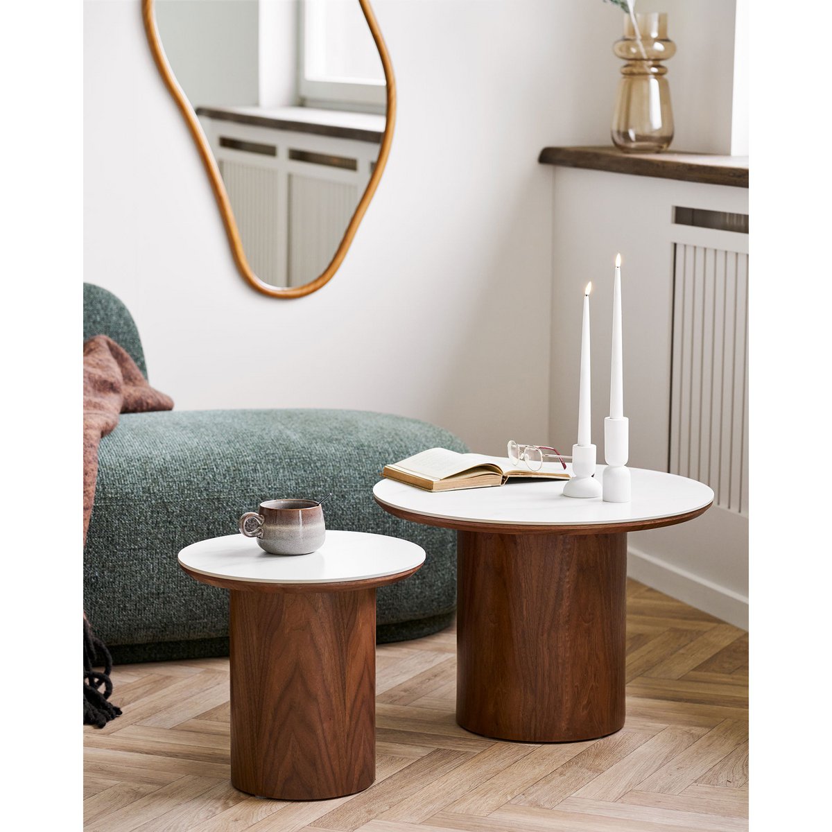 Noli Coffee table, ceramic table top/ash veneer, white/dark brown, ø60x42 cm