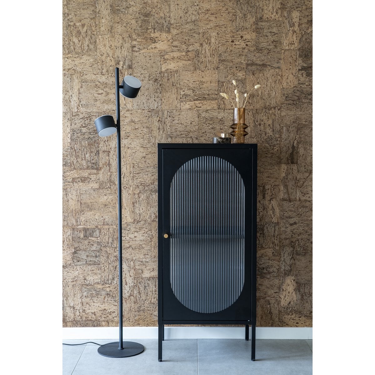 Black Steel Display Cabinet - Rippled Glass, Modern Style, 50x35x110 cm