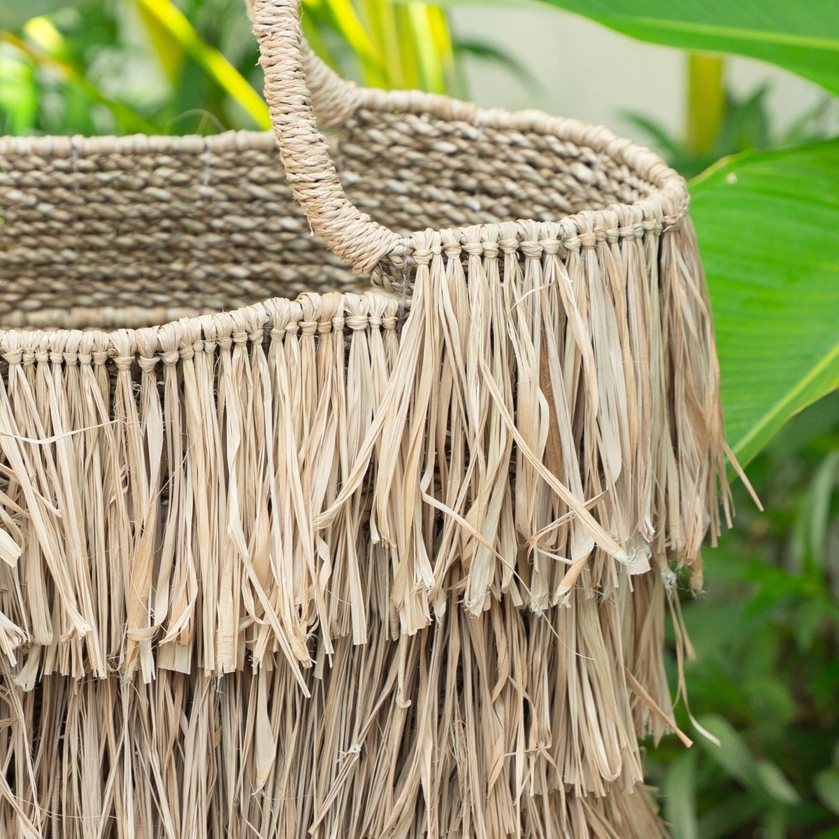 Large Boho Raffia and Seagrass Basket Bag with Fringes – Handmade Summer Tote Bag TOBA