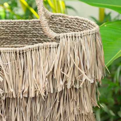 Large Boho Raffia and Seagrass Basket Bag with Fringes – Handmade Summer Tote Bag TOBA