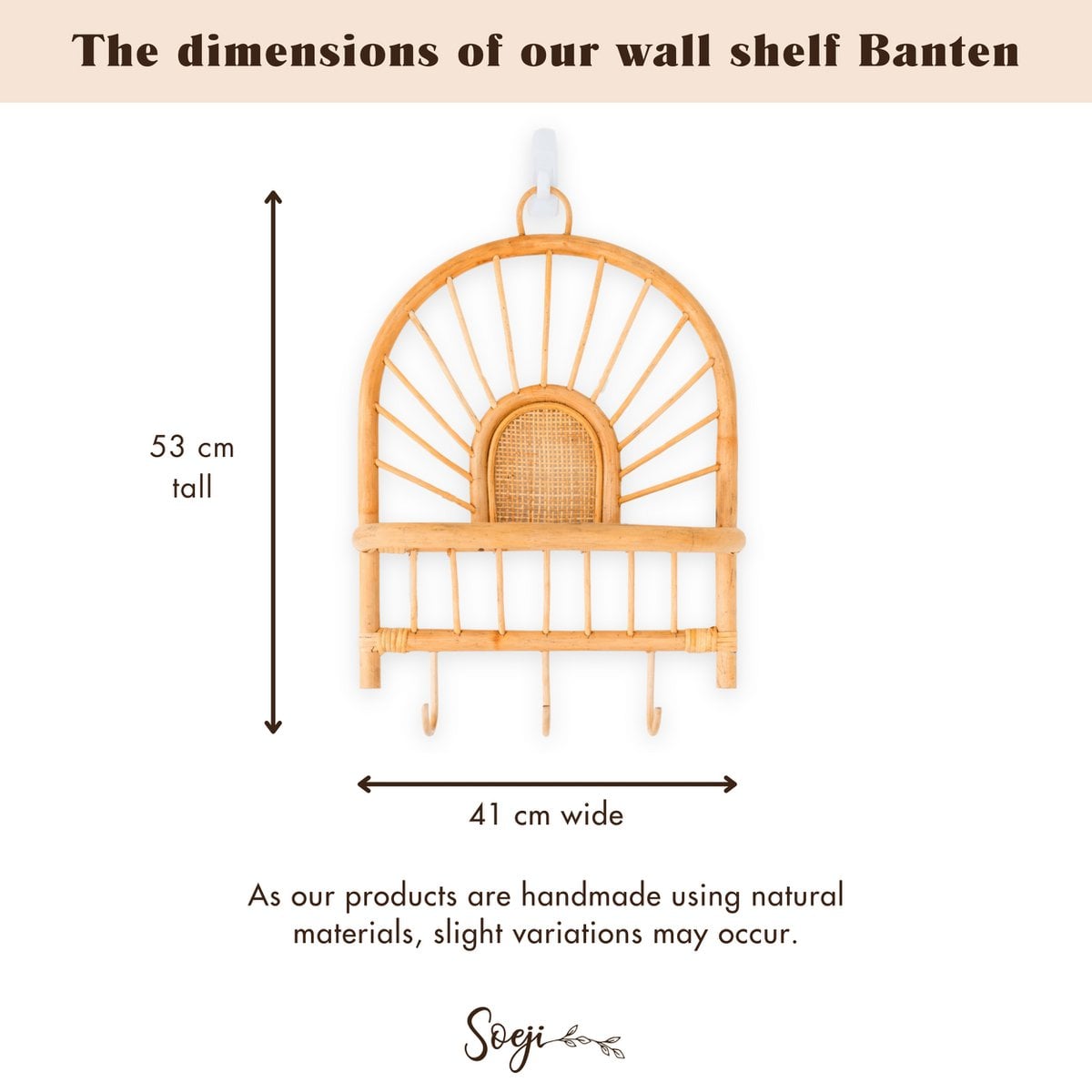 Rattan Wall Shelf with Hooks – Small Boho Hanging Shelf, 41x53 cm