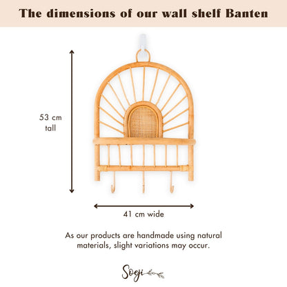 Rattan Wall Shelf with Hooks – Small Boho Hanging Shelf, 41x53 cm