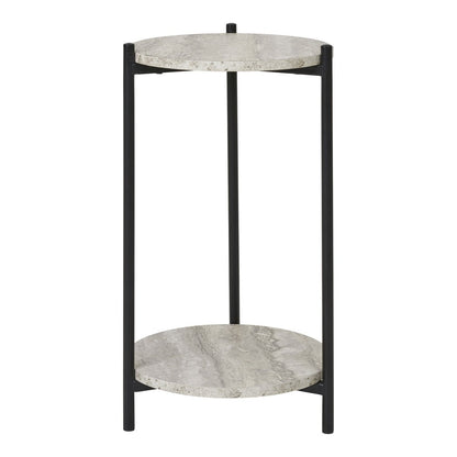 Steel Side Table - Black & Beige Travertine-Look Accent Table, 27x46cm