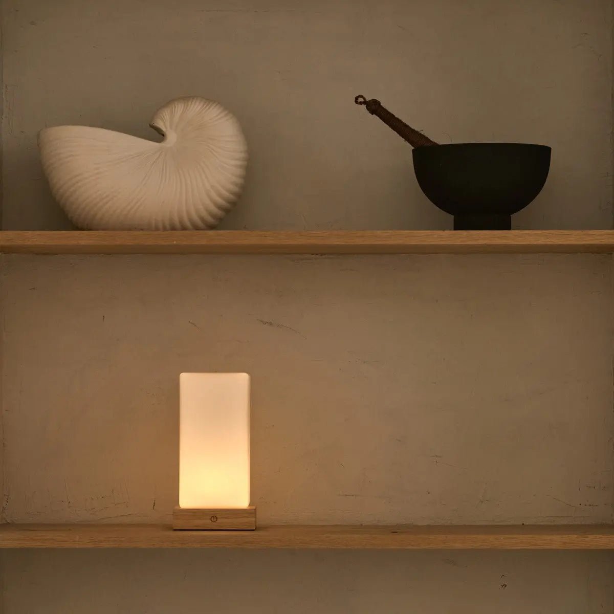 Zayn Light Brown Wooden Rechargeable Table Lamp | Dimmable, Glass & Cordless