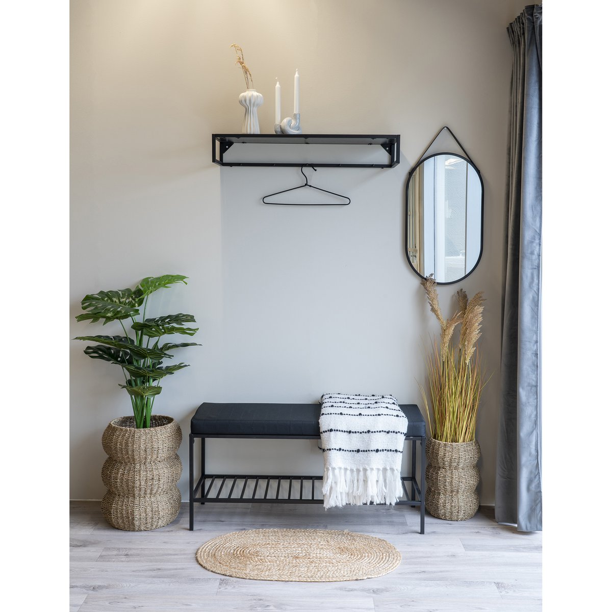 Steel Wall Mirror with Leather Strap – Black Modern Mirror, 35x60 cm