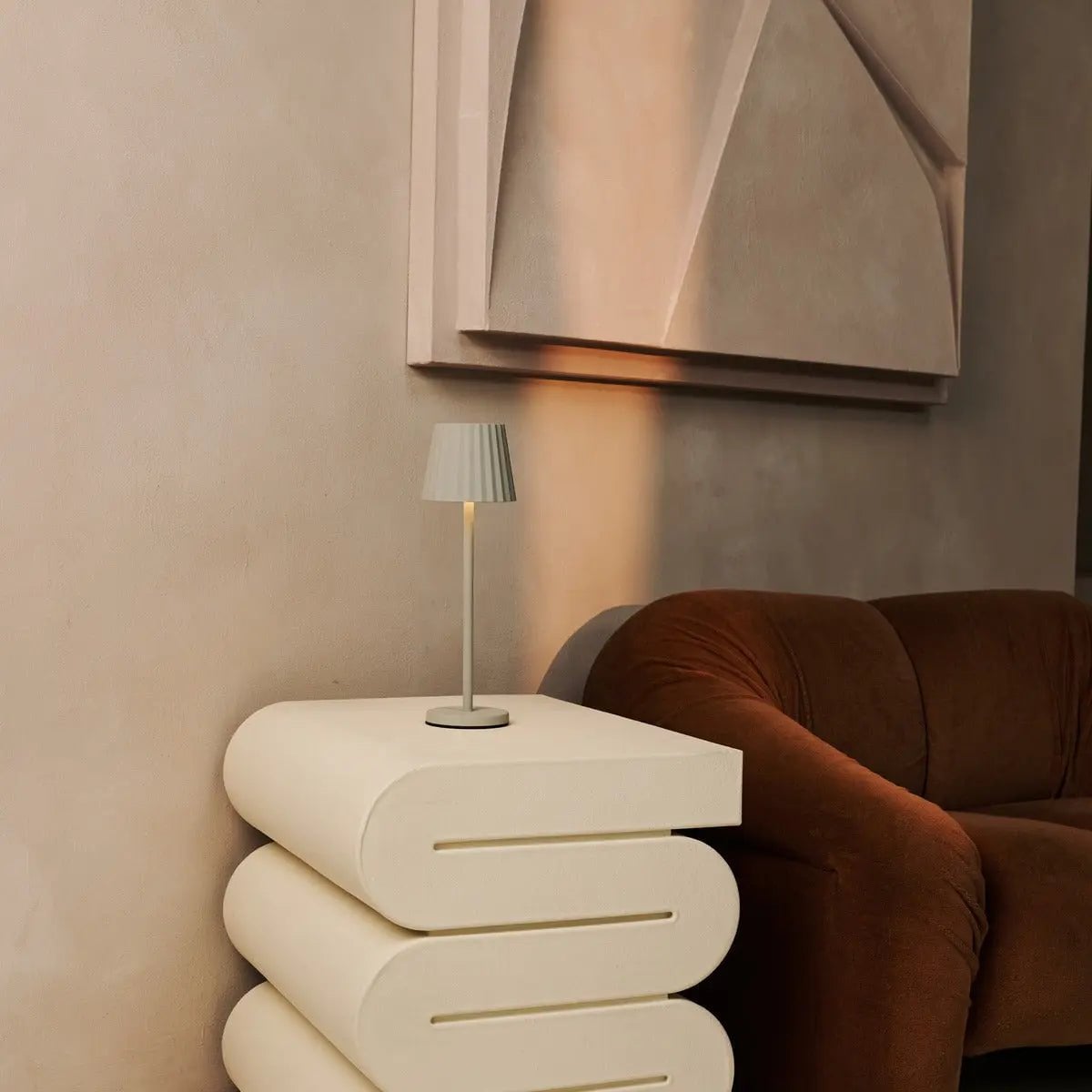 Maya Shadow Grey Ribbed Table Lamp | 3 Light Modes & Rechargeable via Charging Station
