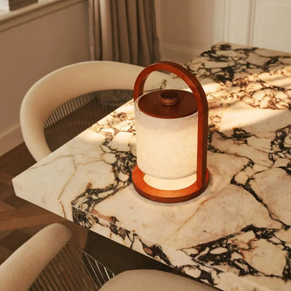 Wooden Rechargeable Table Lamp - Chestnut Brown Linen Blend, 27cm