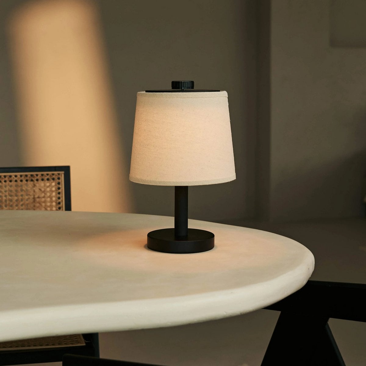 Black Wooden Table Lamp - Cordless Rechargeable Linen Shade