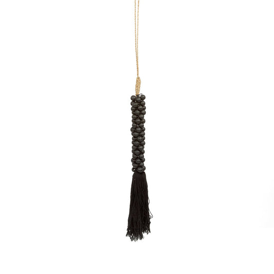 Wooden Bead Tassel - Black Cotton, Handcrafted Boho Wall Decor