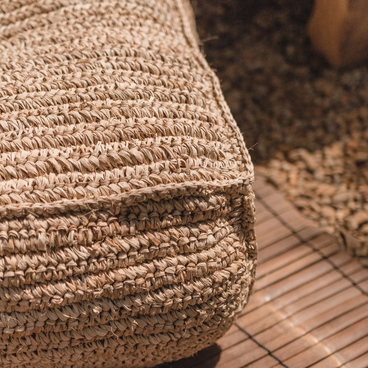 Raffia Pouf Beanbag - Hand Knitted Ottoman, Natural Fiber, Java