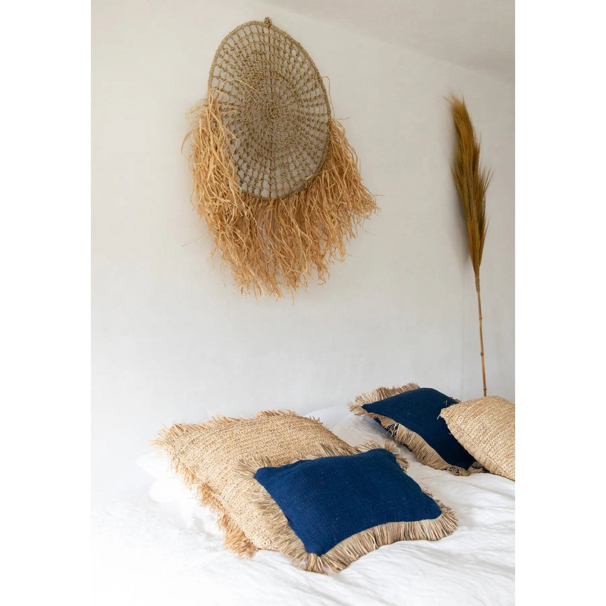 Raffia Cushion Cover - Blue Natural Fringe, 30x50cm