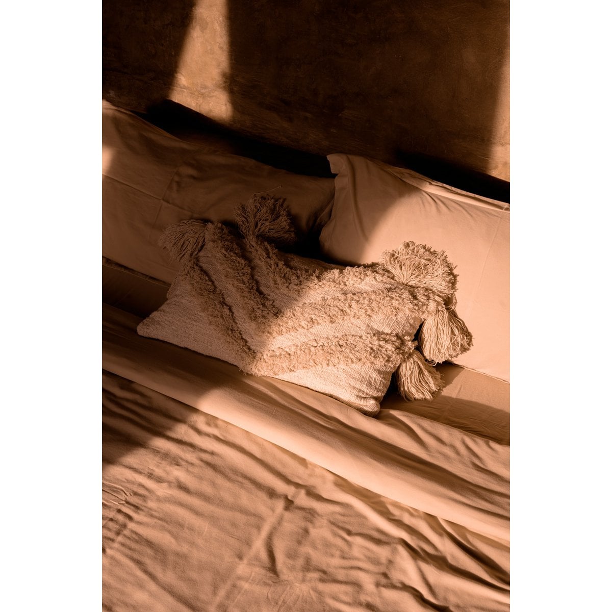 Cotton Tassel Cushion Cover - Cream Boho Throw Pillow, 35x60 cm