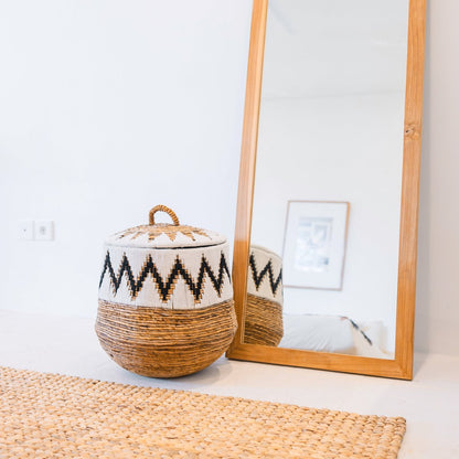 Boho Laundry Basket with Lid - Large Woven Hamper with Cotton Pattern