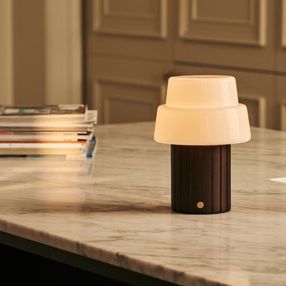 Lio Dark Brown Rechargeable Table Lamp | Cordless, 3 Light Modes & Glass Lampshade