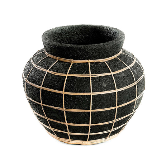 Rattan Terracotta Vase - Black Natural Belly Vase for Dried Flowers - L