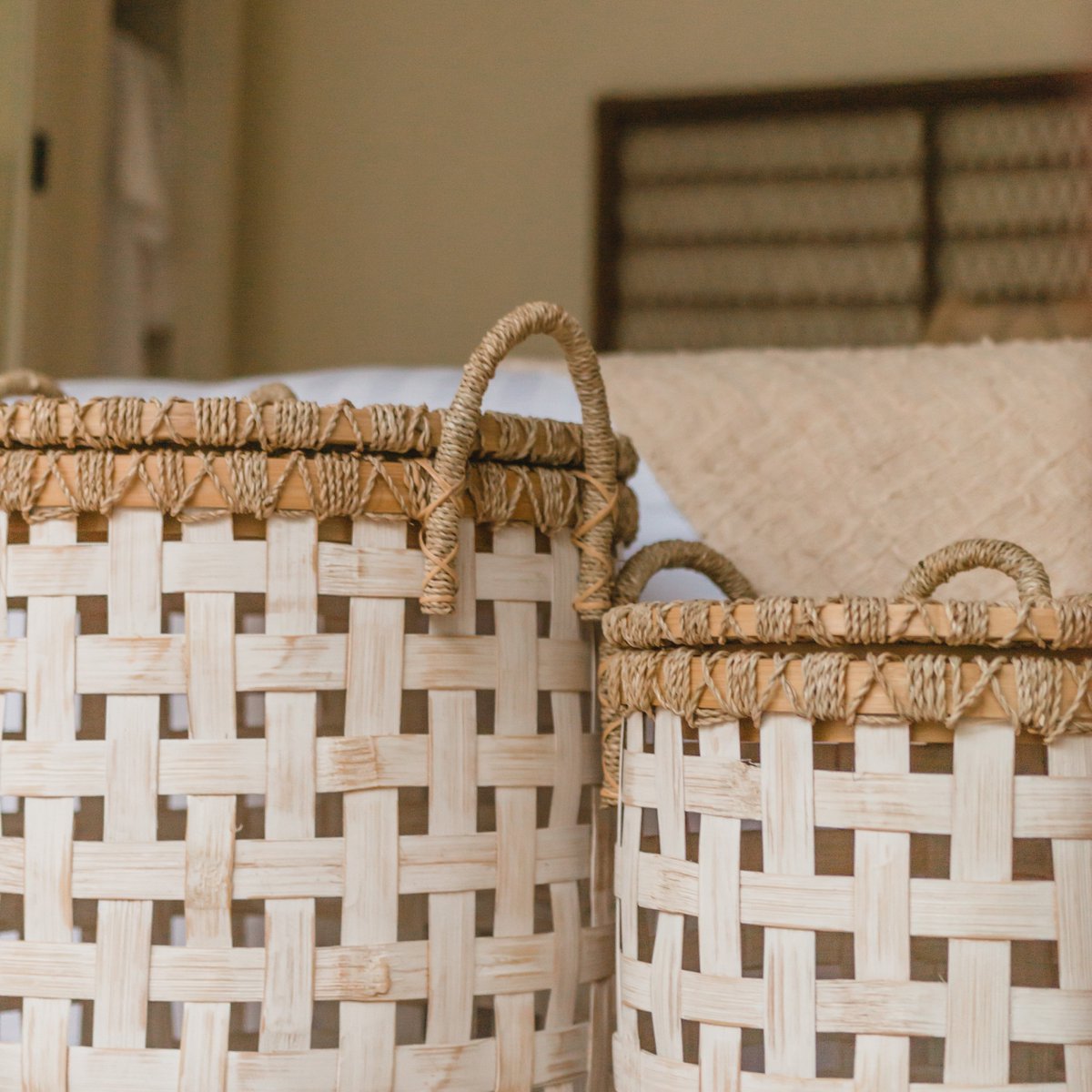 Bamboo Laundry Basket with Lid - Iraya - Natural Woven Design