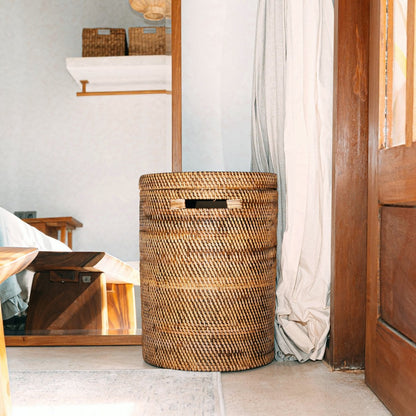 Rattan Laundry Basket with Lid - Boho Woven Storage - Brown