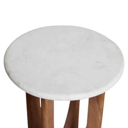 Marble Side Table - White Accent Table, Mango Wood Base, 30x30x50 cm