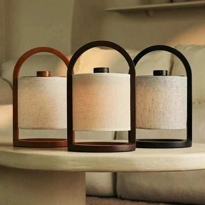 Wooden Rechargeable Table Lamp - Chestnut Brown Linen Blend, 27cm