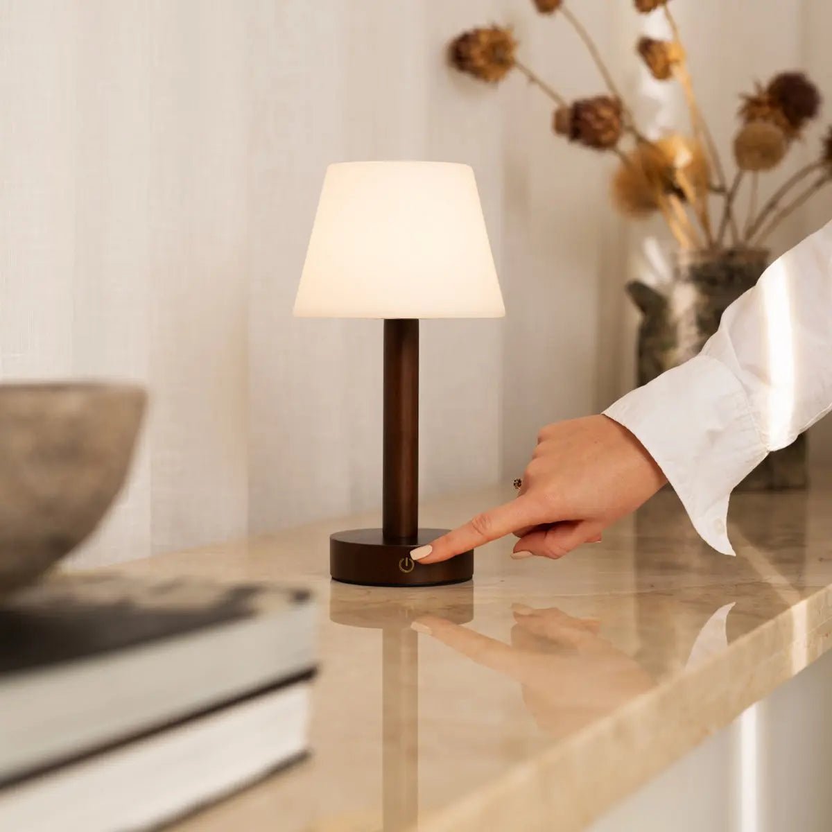 Zoë Dark Brown Wooden Rechargeable Table Lamp | Dimmable, USB-C, 80-Hour Battery