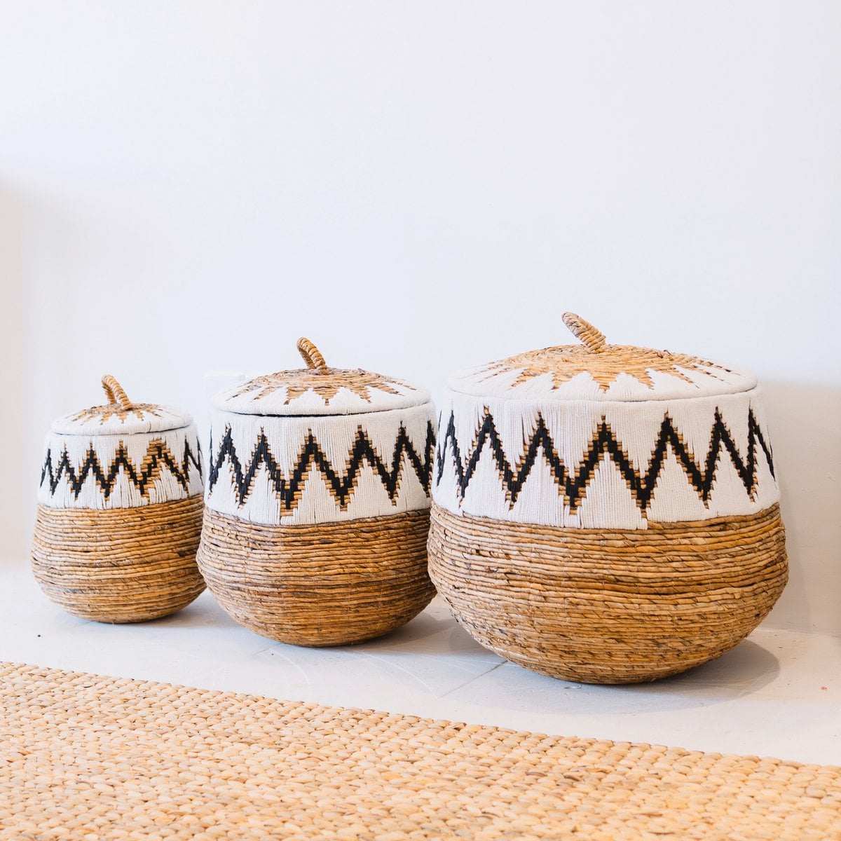 Boho Laundry Basket with Lid - Large Woven Hamper with Cotton Pattern
