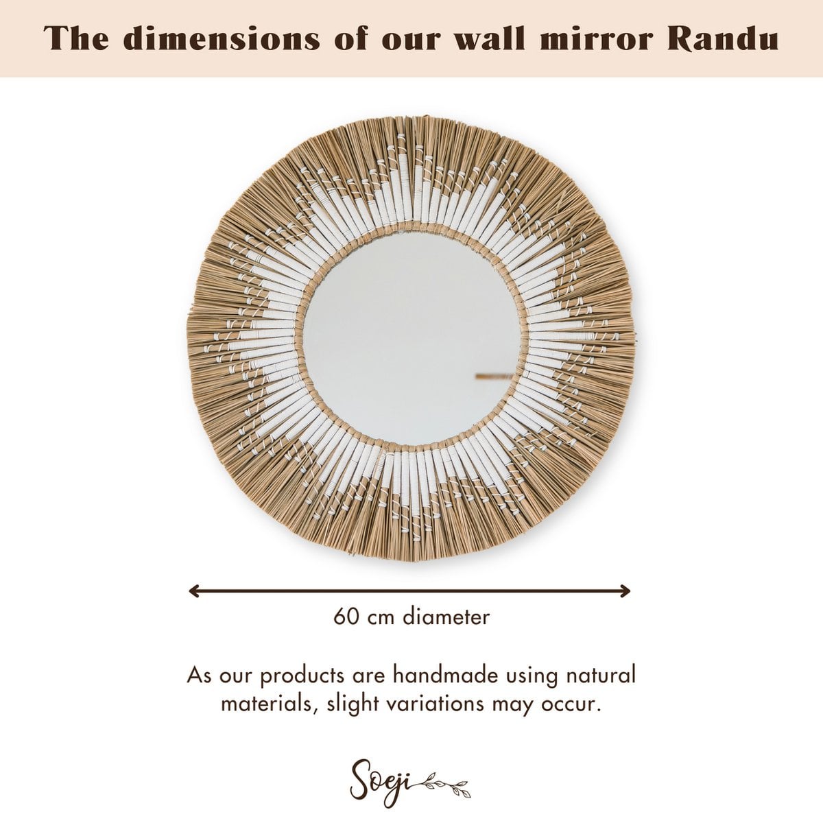 Seagrass Wall Mirror – Round Boho Mirror with Cotton Fringe, 60cm