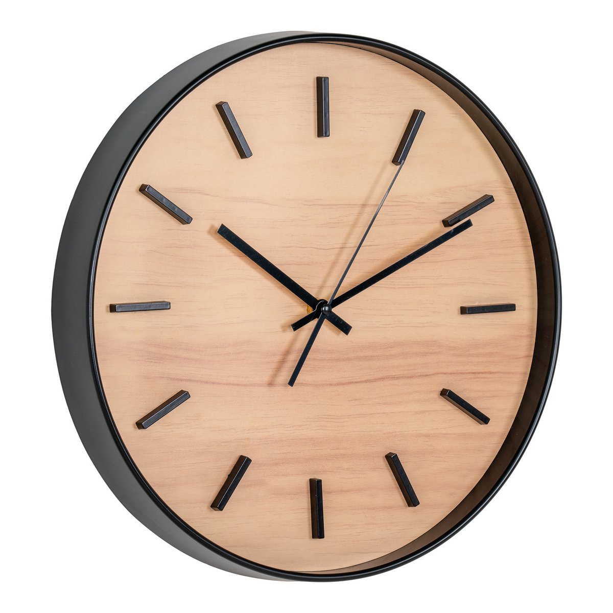 Natural Wood Wall Clock - Black Modern Clock, Silent, 35cm