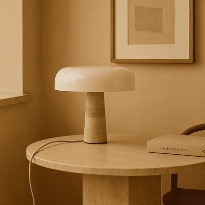 Travertine Table Lamp with Glass Shade - Elegant Natural Stone Design