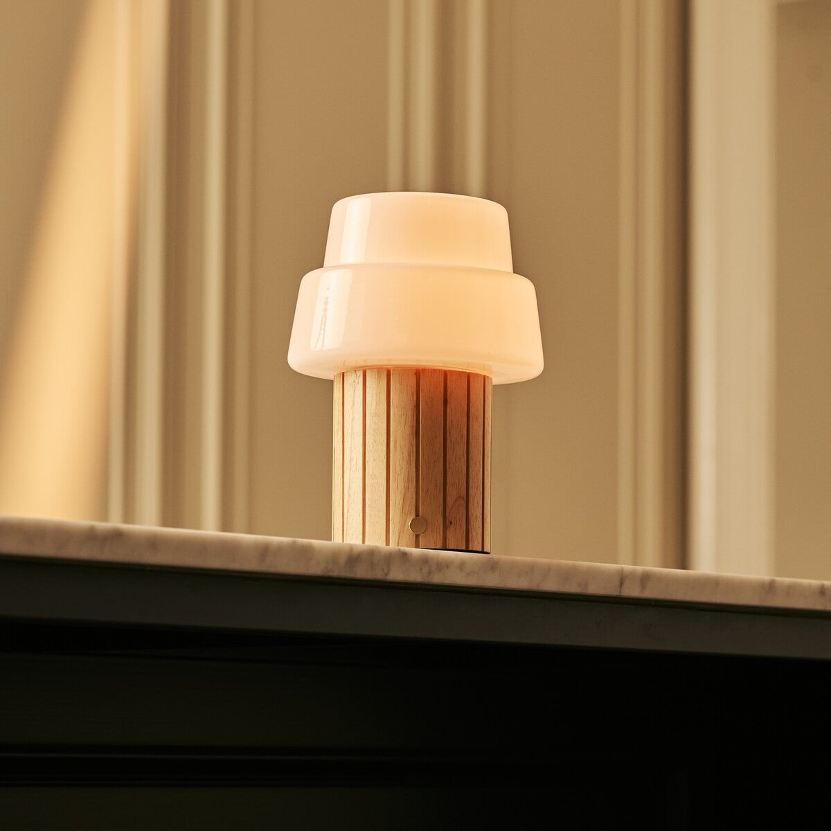 Lio Light Brown Rechargeable Table Lamp | Cordless, 3 Light Modes & Glass Lampshade