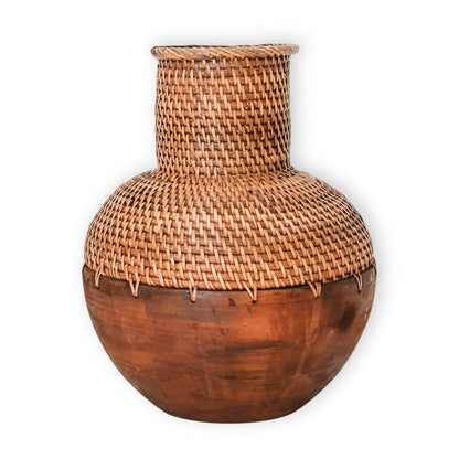 Rattan Vase – Boho Dried Flower Vase – Handwoven Wooden Vase – 22cm Brown