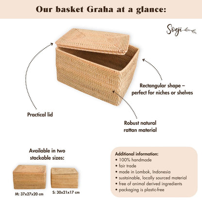 Panier de rangement avec couvercle – Panier d'étagère en rotin beige – Panier décoratif tressé à la main GRAHA (2 tailles)