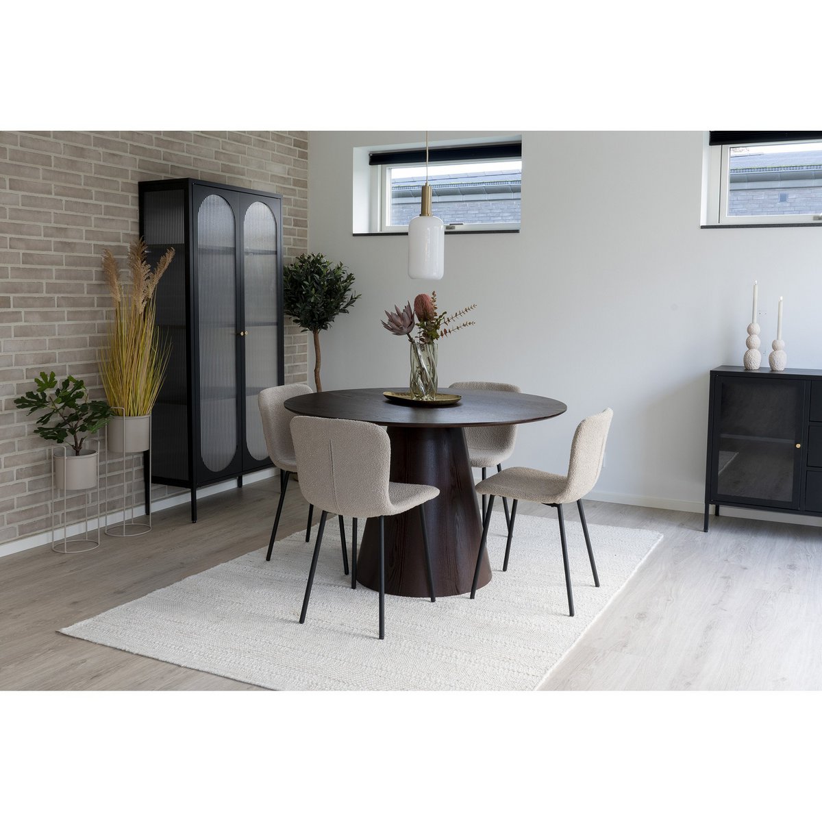 Bouclé Dining Chairs - Beige with Black Legs - Set of 2