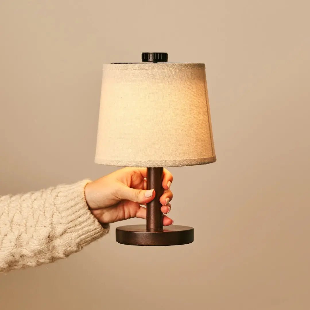 Rover Dark Brown Wooden Rechargeable Lamp | Cordless, Dimmable & Linen Blend