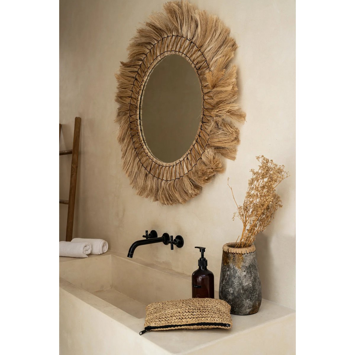 Rattan Wall Mirror - Natural Feathered Grass Fringe - 90cm