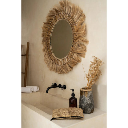 Rattan Wall Mirror - Natural Feathered Grass Fringe - 90cm