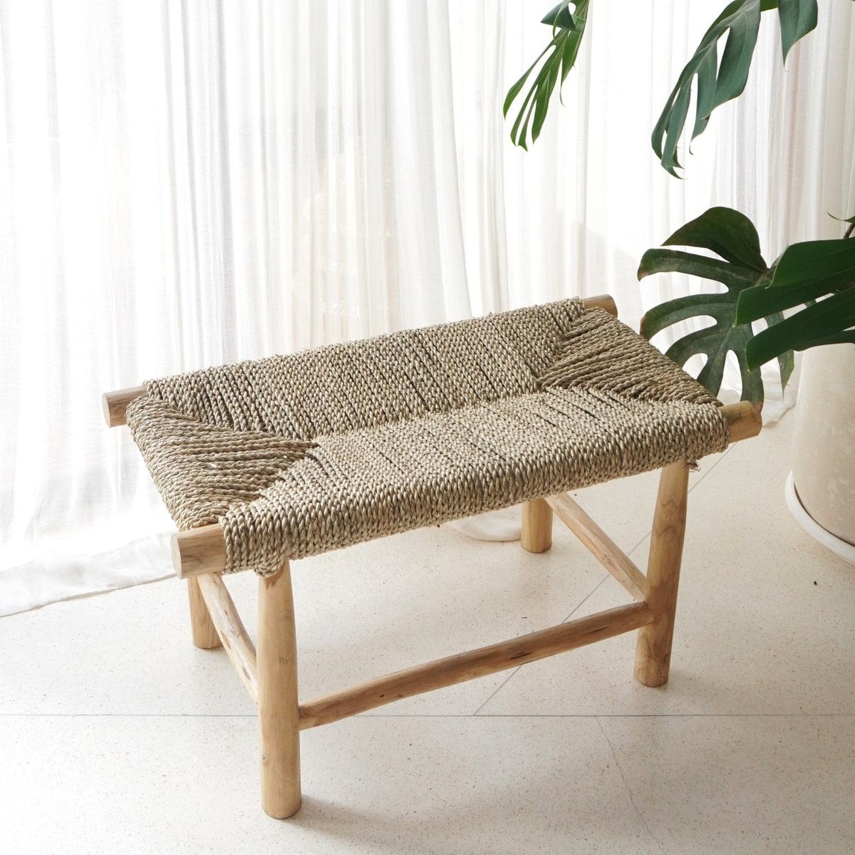 Teak & Seagrass Bench - Handwoven Accent Furniture