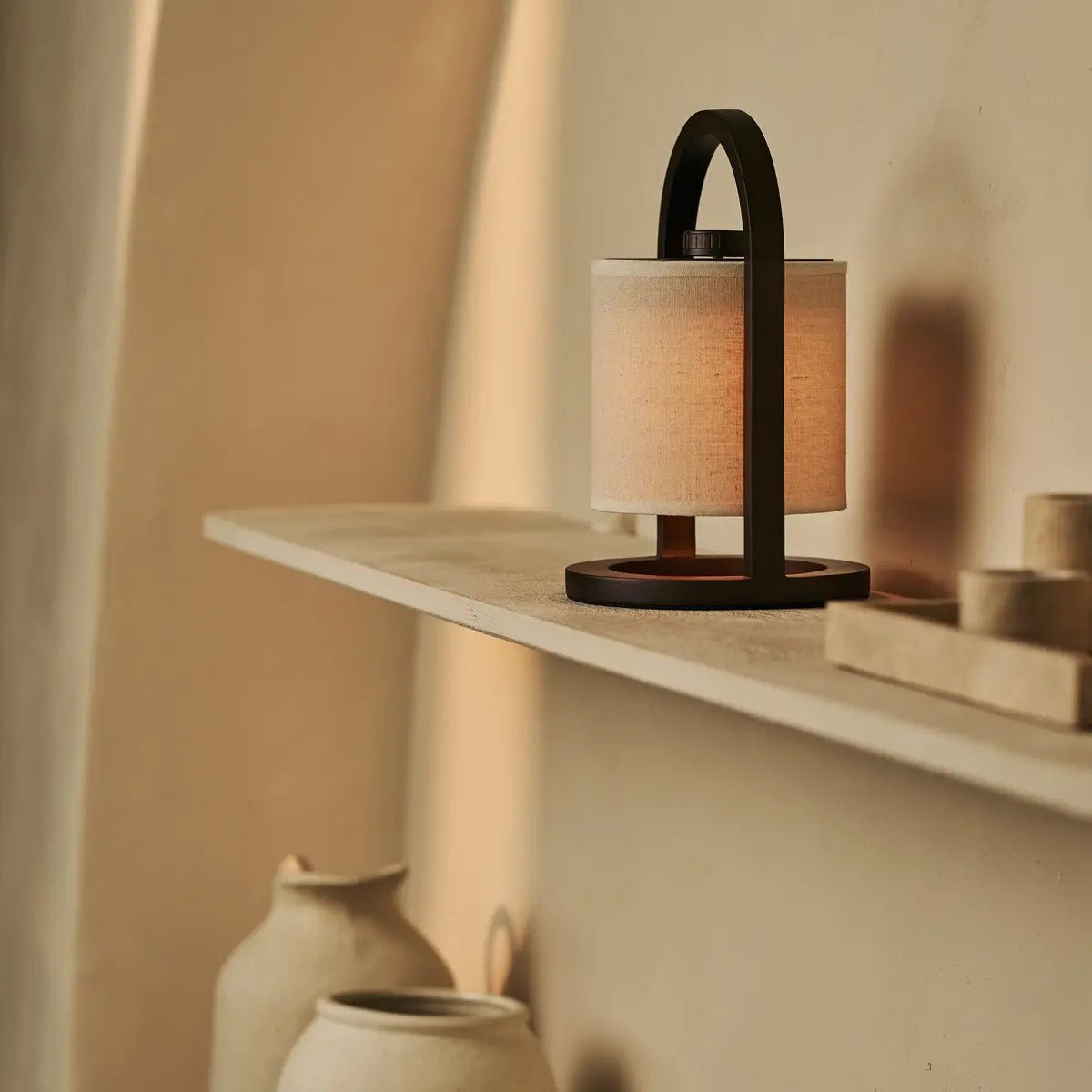 Wooden Rechargeable Table Lamp - Dark Brown Linen Blend, 100-Hour Battery