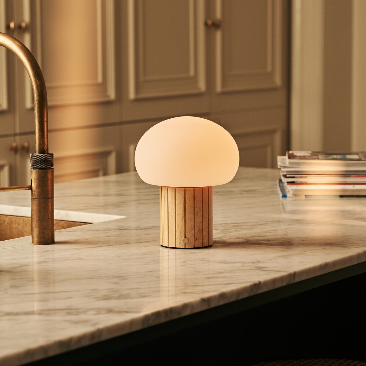 Pieter Light Brown Rechargeable Table Lamp | Cordless, 3 Light Modes & Glass Lampshade