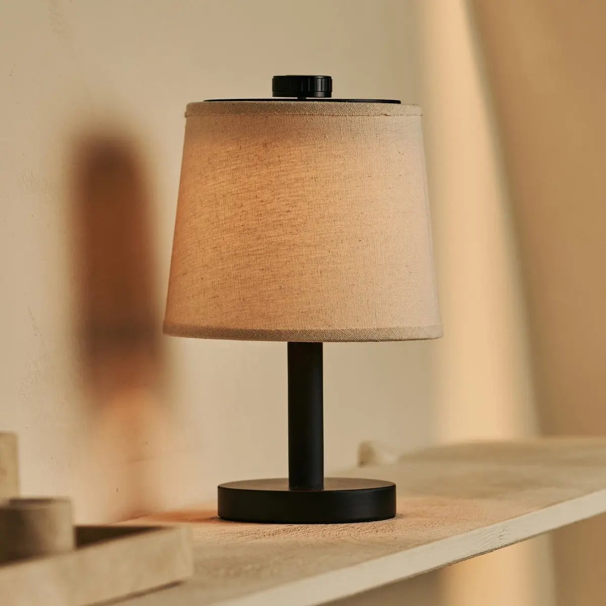 Black Wooden Table Lamp - Cordless Rechargeable Linen Shade