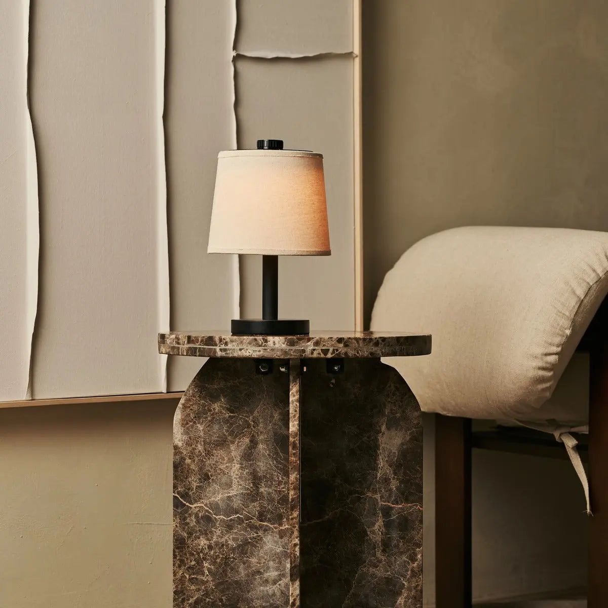Black Wooden Table Lamp - Cordless Rechargeable Linen Shade