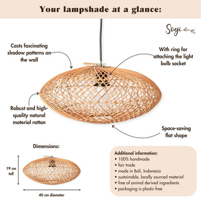Lámpara de ratán – Lámpara colgante bohemia – Lámpara de techo natural – Lámpara de disco – Lámpara de techo plana tejida a mano (Ø 40 cm) ARANA