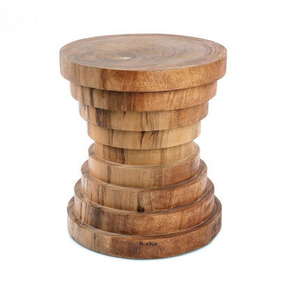 Suar Wood Stool - Natural Accent Table or Seat | Stepped Ring Design