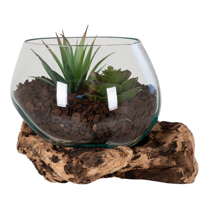 Teakwood Glass Decorative Bowl - Natural Wood & Steel Waterdrop, 15cm