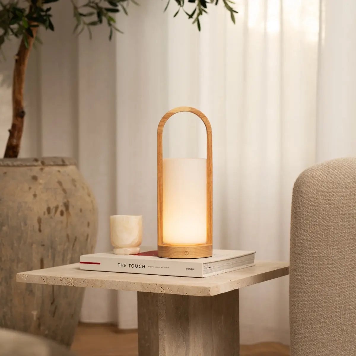 Light Brown Wooden Table Lamp - Cordless Rechargeable Dimmable