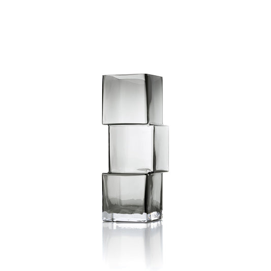 Dark Grey Glass Vase - Modern Cube Design, Medium Size