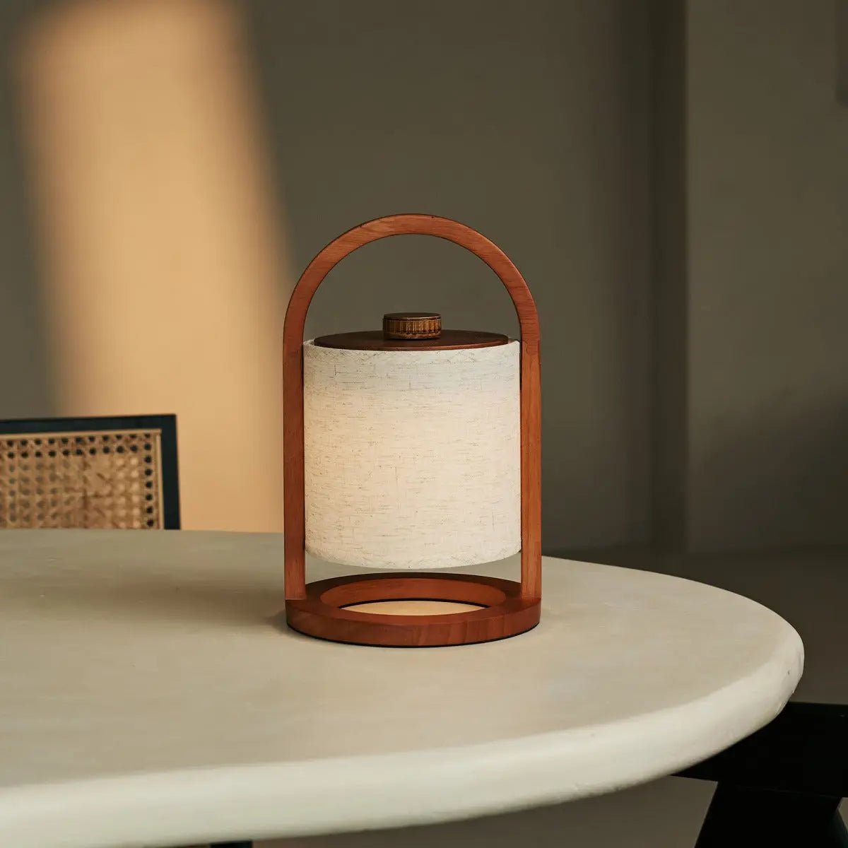 Wooden Rechargeable Table Lamp - Chestnut Brown Linen Blend, 27cm